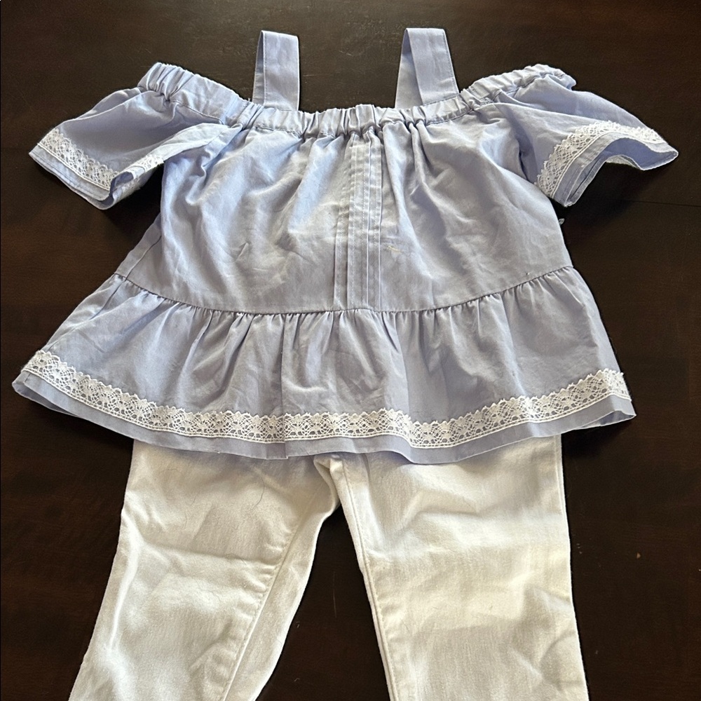 Light Blue Off-Shoulder Top with White Lace Trim and White Jeggings NWT